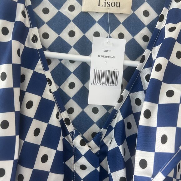 Blue Brown Diamond Print Silk Dress - Picture 3 of 5